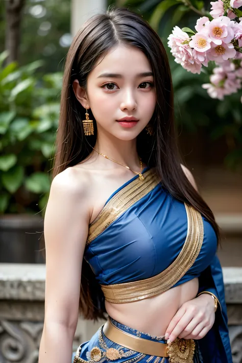 8K, ultra high detailed, an thai girl, cute face, happy, long hair, impressive hairstyle, detailed eyes, detailed lips, thai clothes, saree, drak blue saree, lace, wearing jewellery, nature background, flowers, afternoon, shadow, clear weather, whole body ...