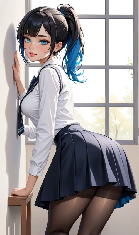 ((Random porn pose)), (Cute girl), ((Ultra detailing)), (very aesthetic, best quality, ultra detailed), intricate details, 1girl, Black hair, very short hair,((mesyy ponytail hair)), (Random hairstyle), Blue inner hair  ,,((Detailed eyes)), ((Beautiful eye...