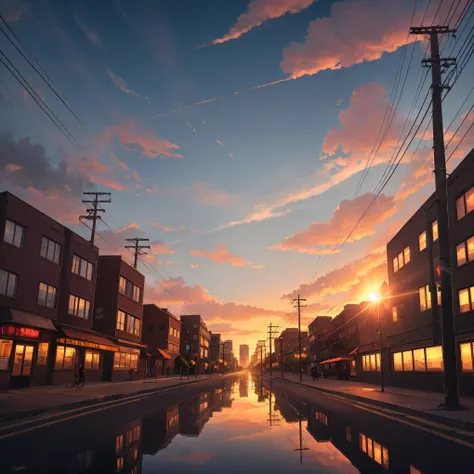 octans, no humans, scenery, cloud, sky, reflection, outdoors, sunset, signature, cloudy sky, sign, utility pole, building, power lines, road sign, blue sky, mirror, city, sun, cityscape, horizon, lens flare 