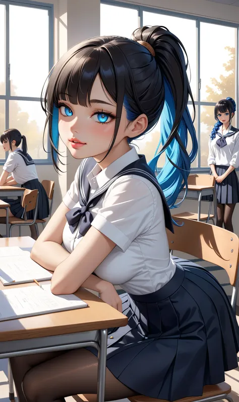 ((Random porn pose)), (Cute girl), ((Ultra detailing)), (very aesthetic, best quality, ultra detailed), intricate details, 1girl, Black hair, very short hair,((mesyy ponytail hair)), (Random hairstyle), Blue inner hair  ,,((Detailed eyes)), ((Beautiful eye...