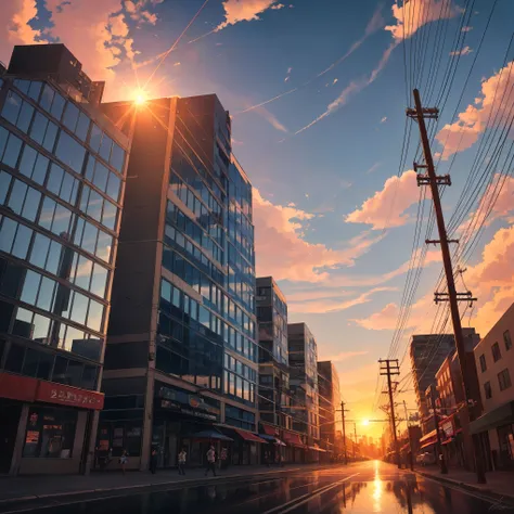 octans, no humans, scenery, cloud, sky, reflection, outdoors, sunset, signature, cloudy sky, sign, utility pole, building, power lines, road sign, blue sky, mirror, city, sun, cityscape, horizon, lens flare