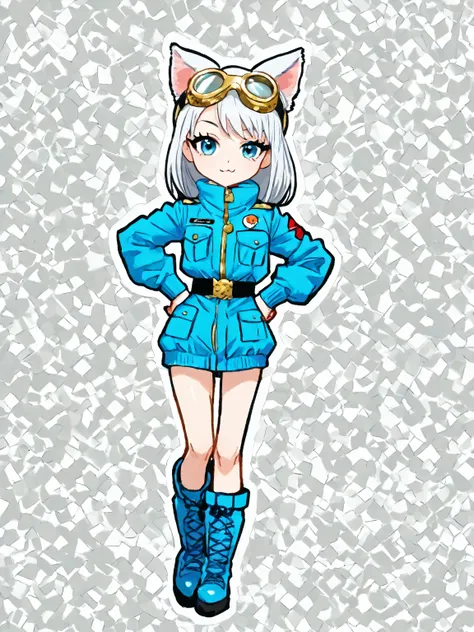 1girl,Tokyo girl,  (No outline),Goggles and cat ears, women in the world always wear goggles and cat ears, she wears cutting-edge gold goggles,pretty girl, sexy, silver white hair, blue eyes, blue military jacket and white skart, 網タイツ