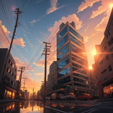 octans, no humans, scenery, cloud, sky, reflection, outdoors, sunset, signature, cloudy sky, sign, utility pole, building, power lines, road sign, blue sky, mirror, city, sun, cityscape, horizon, lens flare