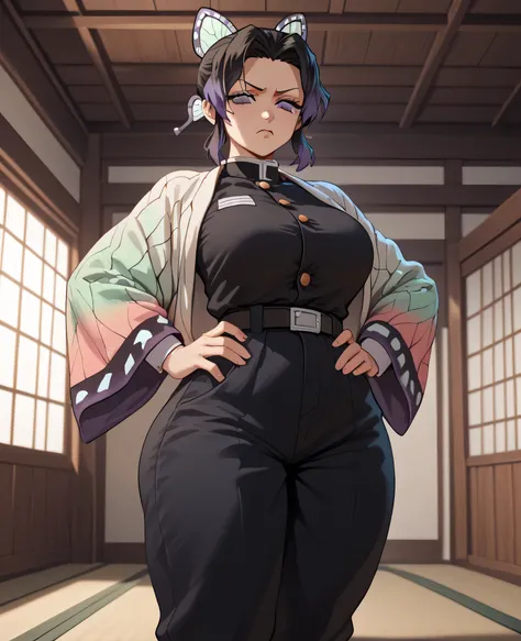 Shinobu Kocho, Japanese room,huge ass, big breasts, demon hunter uniform,baggy pants, black pants, hands on the waist,annoyed, slightly tilted forward, good quality ,Good detail,(obra maestra), artwork, good resolution, good lighting , perfect and detailed...
