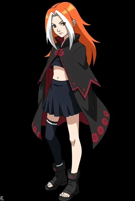 Female character of a   designed for the Naruto Classic universe, in the style of Masashi Kishimoto ,  Aparência:

Age: 12 anos

 Aparência:

hair:  long and flaming ,  with an intense orange tone that seems to shine in the sunlight .  Two white locks high...