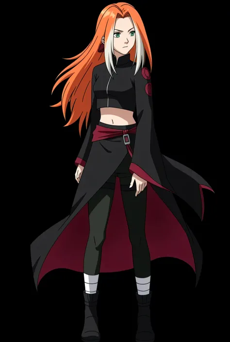 Female character of a   designed for the Naruto Classic universe, in the style of Masashi Kishimoto ,  Aparência:

Age: 12 anos

 Aparência:

hair:  long and flaming ,  with an intense orange tone that seems to shine in the sunlight .  Two white locks high...
