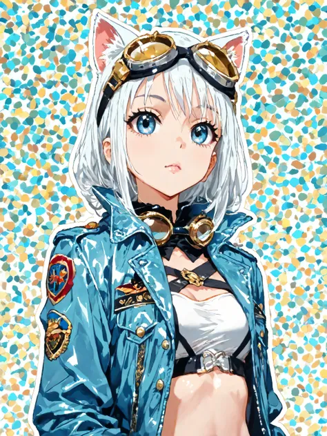 1girl,Tokyo girl,  (No outline), (Goggles and cat ears, women in the world always wear goggles and cat ears, she wears cutting-edge gold goggles),pretty girl, sexy, silver white hair, blue eyes, blue military jacket and white skart, 網タイツ, dynamic angle pos...