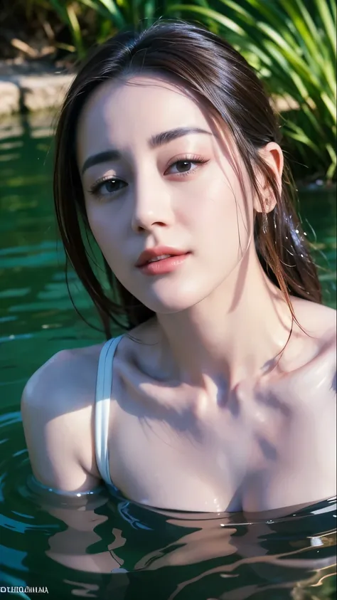 "Close-up portrait of a stunning woman (Dilraba Dilmurat) bathing in a river at golden hour, surrounded by reeds, with gentle backlighting creating a soft glow around her silhouette. She has wet, glistening skin as water droplets slide down her face and sh...