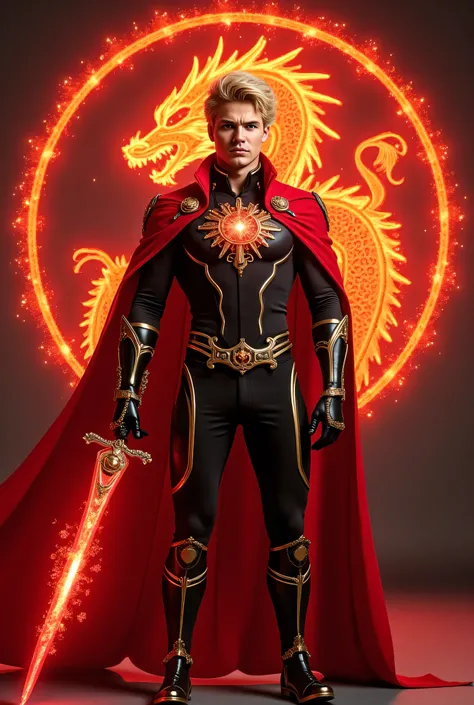 “A Fire Magic-powered 25-year-old  French-White male God in a red and black suit with gold and red metal details, with a gold metal dragon symbol on the chest. Holding a Red sword made of Red Flames. Holographic red magic symbols with sparkling gold inclus...