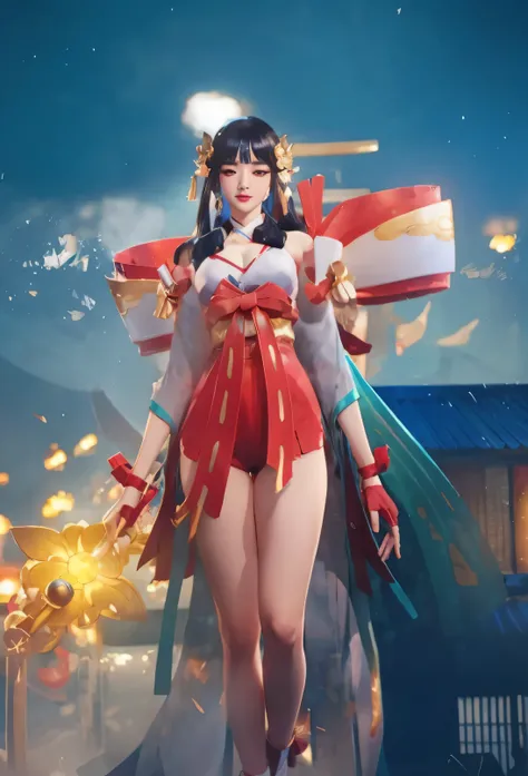 girl, onmyoji, in a temple, best quality, ((dancing)), ultra beautiful, big breasts and exposed breasts, femoral, a slim navel, glitering, dust in the air, dreammy, ultra realistic, slightly opened eyes