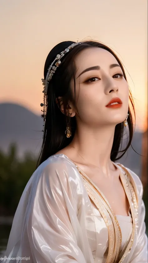 "Close-up portrait of a breathtakingly beautiful woman (Dilraba Dilmurat) gracefully bathing in a tranquil river at golden hour, surrounded by lush reeds and soft mist rising from the water. She wears an elegantly flowing Hanfu, intricately embroidered wit...