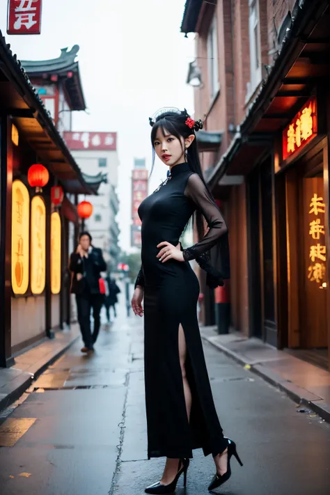 chinese elf, pointed ears, black high heels, stand, black long straight hair black hair, long red chinese dress, headpieces, chinese street background, 