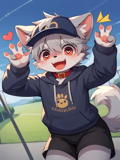 very detailedな, very detailed, gray fur, Gray Hair, Age 15,m ale, excited, heart eyes, participate, Red collar, cute face, flu ffy fur, Horny boy, Cheeky, blue hat, flying, blush nose, is e mbarrassing, ahe face, R18, black shorts, sweatshirt, Long Sleeve,...