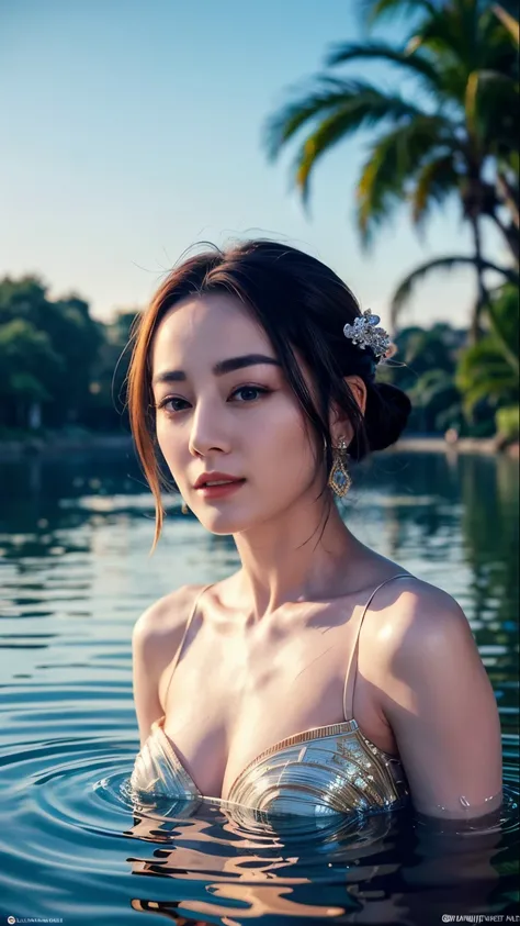 Close-up portrait of a mesmerizingly beautiful woman (Dilraba Dilmurat) gracefully bathing in a serene river at golden hour, wearing a translucent, delicately embroidered Hanfu, soaked in water and clinging gently to her form. Her dark, silky hair is damp,...