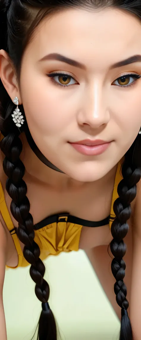 [nsfw],1girl, (asian model), 18 years old,soft body, black hair, braids,whole body, hair reaches waist, whole body,((head to leg)),black bracelets,black chain,(yellow_bra),yellow pleated skirt, white_tall_boots,large earrings,close-up, 8k, RAW photo, best ...