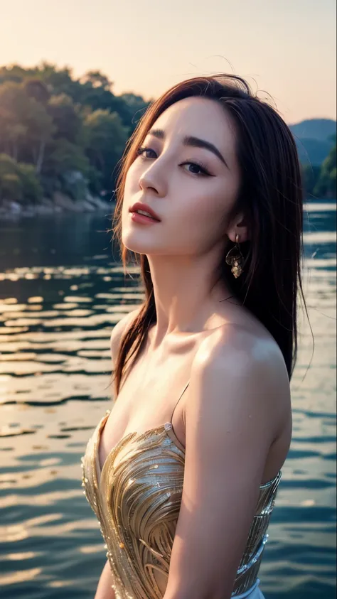 Close-up portrait of a mesmerizingly beautiful woman (Dilraba Dilmurat) gracefully bathing in a serene river at golden hour, wearing a translucent, delicately embroidered Hanfu, soaked in water and clinging gently to her form. Her dark, silky hair is damp,...