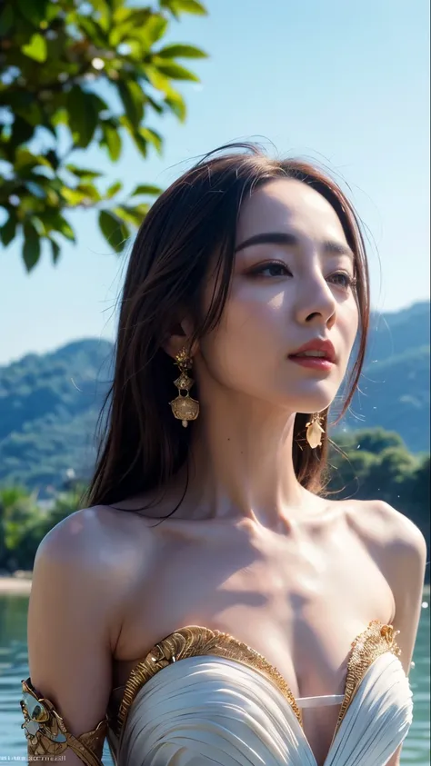 Close-up portrait of a mesmerizingly beautiful woman (Dilraba Dilmurat) gracefully bathing in a serene river at golden hour, wearing a translucent, delicately embroidered Hanfu, soaked in water and clinging gently to her form. Her dark, silky hair is damp,...