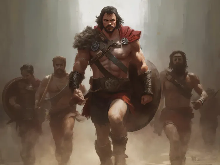 "A powerful Hercules, in ancient Greek warrior attire, strides towards the viewer, his determined face centered in the image. He is accompanied by young Greek hunters, following closely behind him. The scene should be realistic, capturing the intensity and...