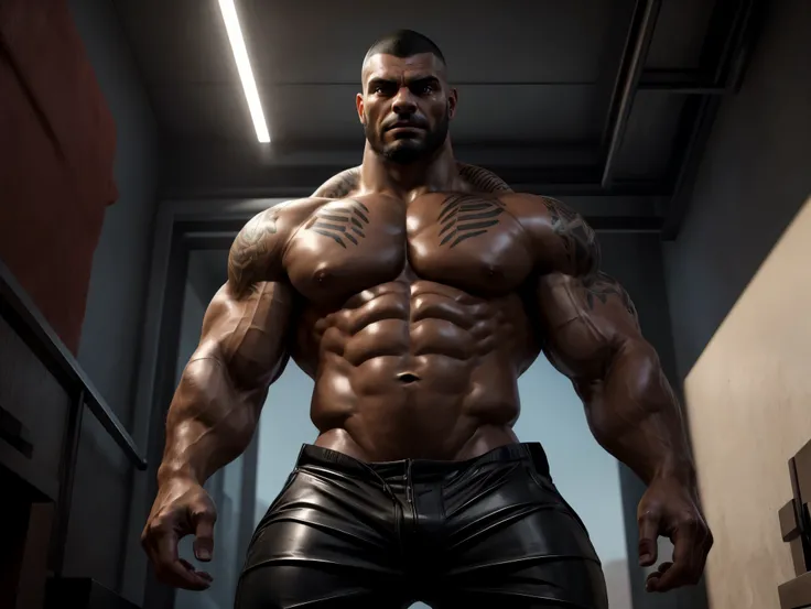 ultra realistic, unreal engine 5, james vega, dark skin, freakishly large muscles, pectoral, pronounced abs, v-lines, inguinal lines, tattoo, buzz cut, beard, silk pants, standing up, viewed from below, black eyes, scowling, raised eyebrows, looking at vie...