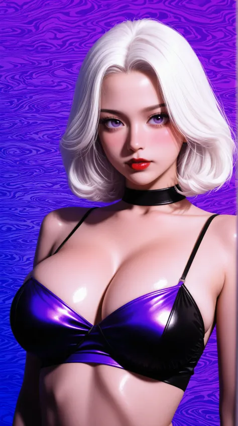 style retro classic, illustrated anime, A beautiful asian girl with white hair, big purple eyes, red lips, big breasts, and very pronounced cleavage stands facing viewer, kpop superstar, (ulzzang), manga, anime, no background, purple background, blue backg...