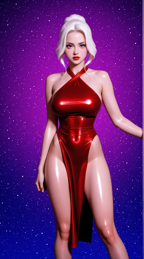 style retro classic, illustrated anime, A beautiful asian girl with white hair, big purple eyes, red lips, shiny gold dress, big breasts, and very pronounced cleavage stands facing viewer, kpop superstar, (ulzzang), manga, anime, no background, purple back...