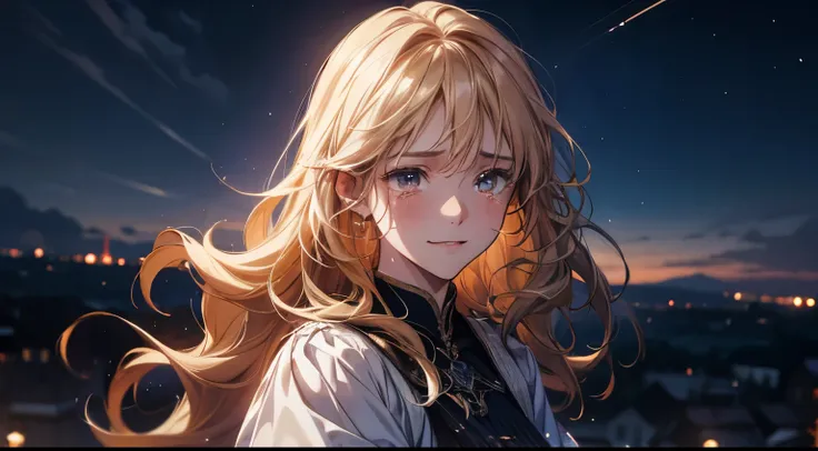 Celtic Style、The princess watching the night sky from the castle、, wavy hair, streaming tears, light smile, anime style, high detail, cinematic lighting, textured skin, 4K