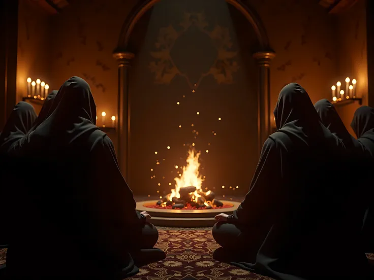 a lot of Assassin's Creed-style monks praying sitting in front of a fire in a room with lots of candles that illuminate the scene. sparkle . tutta la scena deve essere a fuoco. (best quality,4k,8k,highres,masterpiece:1.2),ultra-detailed,(realistic,photorea...