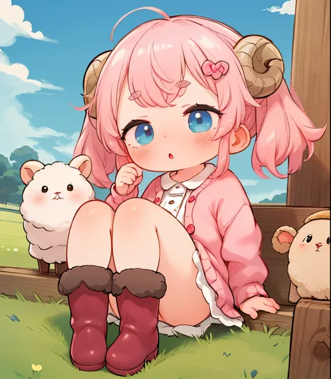 ( top quality,   nothing ,  very detailed),   girl，sheep，ピンクの fluffy hair\(sheep毛\),  pink hair,  fluffy hair,  Thick eyebrows,    pink dress  ,   sky blue cardigan ,  brown boots,