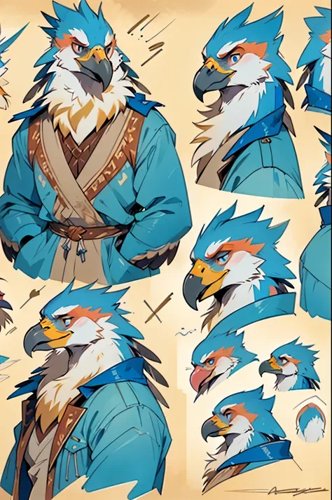 ((best quality)), ((masterpiece), model sheet, a bird man, muscular, eagle, golden beak, blue eyes, iridescent feathers, 8k, ultra detailed