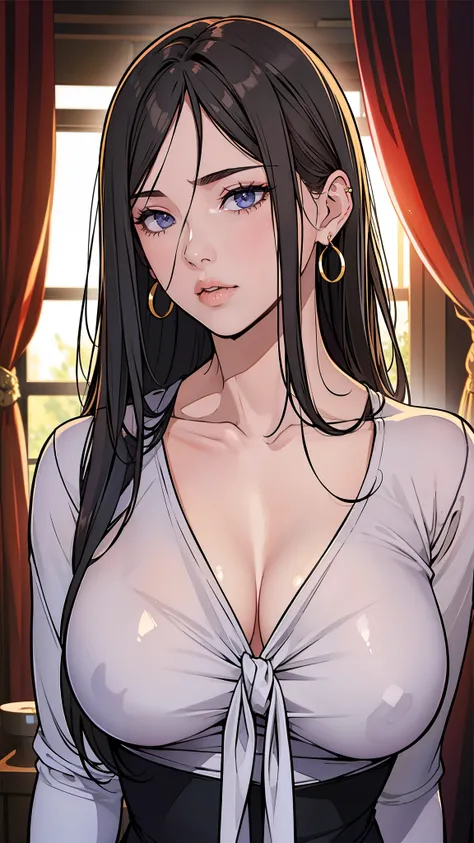 1girl, hair, breasts, cleavage, curtains, earrings, front-tie_top, jewelry, large_breasts, lips, looking_at_viewer, shirt, solo, tied_shirt, upper_body, shirt