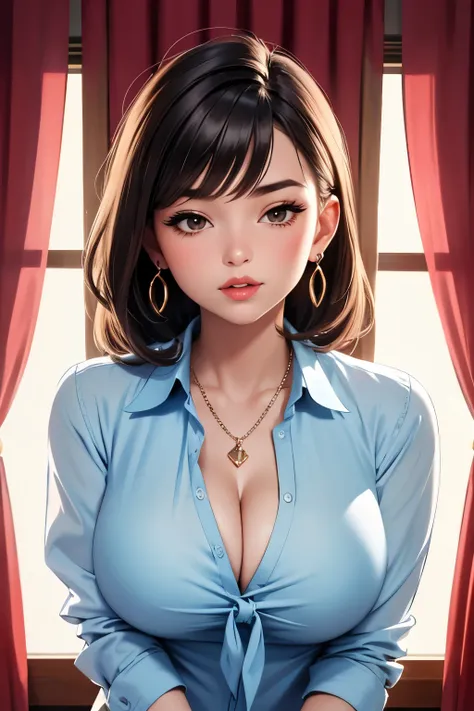 1girl, hair, breasts, cleavage, curtains, earrings, front-tie_top, jewelry, large_breasts, lips, looking_at_viewer, shirt, solo, tied_shirt, upper_body, shirt