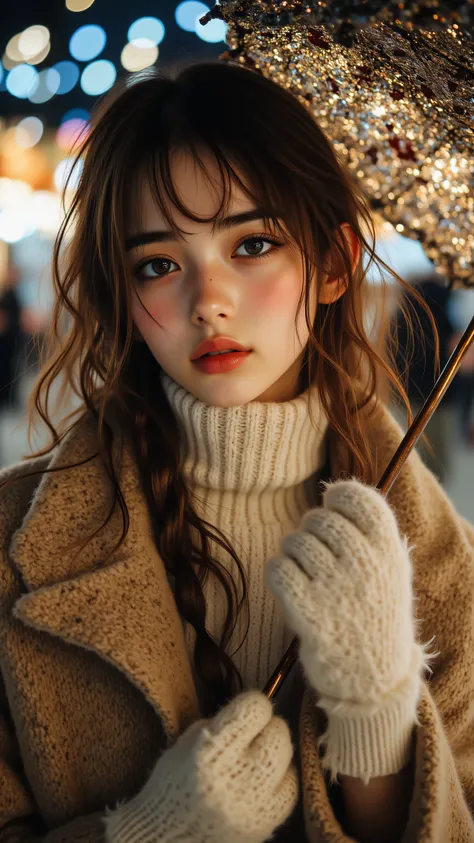 8k, masterpiece, highest quality, Korea's Beautiful Women, Close-up, long, light brown, wavy hair, thick braids, fair complexion, blue eyes, full lips, light beige coat, textured, wool, fluffy scarf, off-white, light gloves, small dark object, ornate umbre...