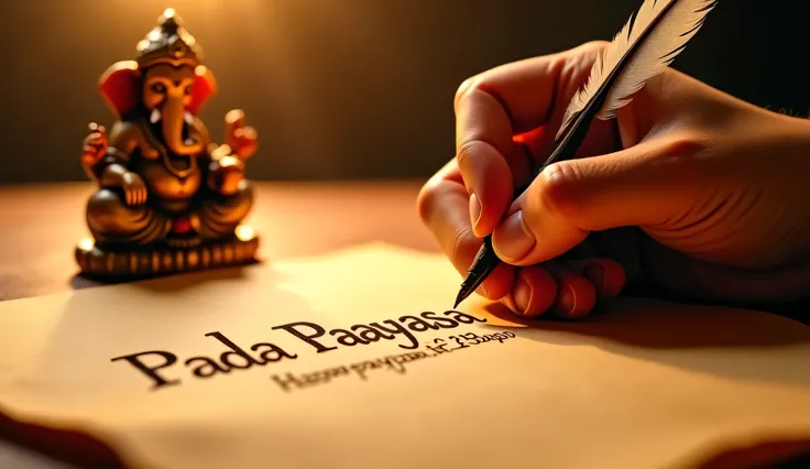 Create a rich artistic depection of a close-up of a person's hand holding an elegant feather pen, gracefully writing the logo in bold letters "Pada Paayasa" which is the profile name in traditional calligraphy on a parchment. In front of the hand, a small ...