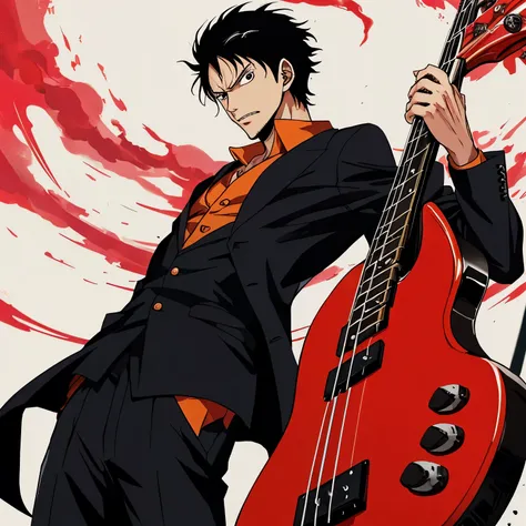 A high-quality illustration in the style of ONEPIECE featuring a man in his 30s. He has short black hair with a two-block cut, shaved sides, and Mangekyō Sharingan eyes. He wears a black checkered double-breasted suit jacket and over it, he dons the KAIGUN...