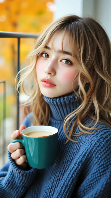 8k, masterpiece, highest quality, Korea's Beautiful Women, Close-up, blonde, wavy hair,  blue turtleneck sweater, knitted, textured, teal mug, warm beverage, steam, autumnal leaves, yellow, orange, outdoor, balcony, railing, soft expression, relaxed, comfo...