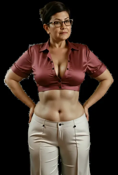 A woman in crop-shirt stands still in a typical karate guard pose