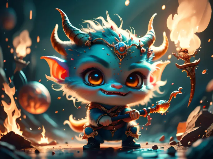 Realistic airbrush illustration, hyper-realistic acrylic airbrush illustration, a very cute little imp with horns and a tail. He is dressed in dark colors and has a mischievous and slightly sinister expression on his face. A small trident or fireball to hi...