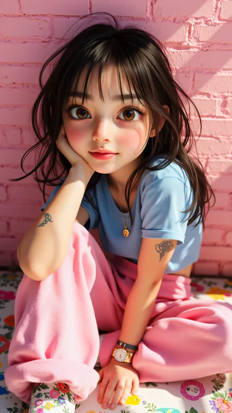 8k, Masterpiece, Top Quality, 3D animated character, Beautiful Women, big expressive eyes,  Pixar style, high detail, vibrant colors, cheerful expression,, High-angle, close-up,  long hair,  pale skin, large eyes,  blue shirt, pink pants, pink sneakers, fl...