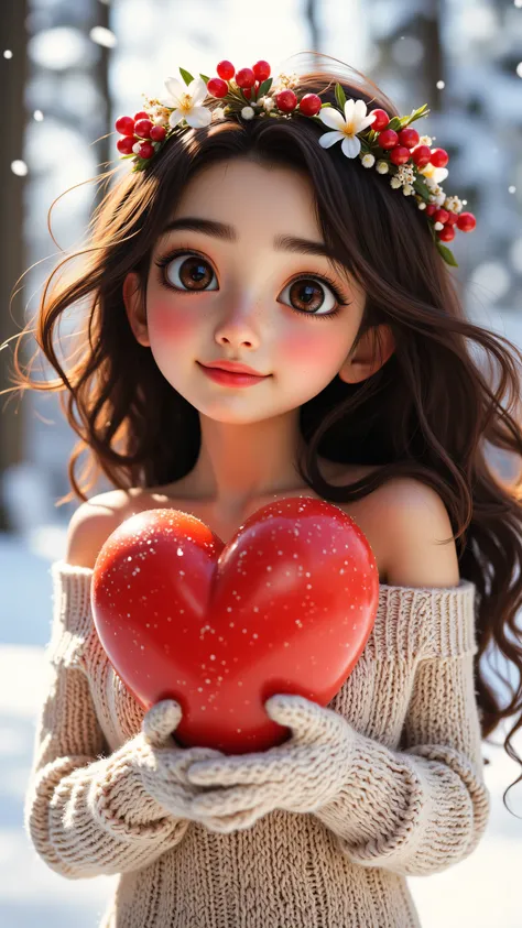 8k, Masterpiece, Top Quality, 3D animated character, Beautiful Women, big expressive eyes,  Pixar style, high detail, vibrant colors, cheerful expression,, Low-angle, close-up, long brown wavy hair, flower crown, red berries, white flowers, beige off-the-s...