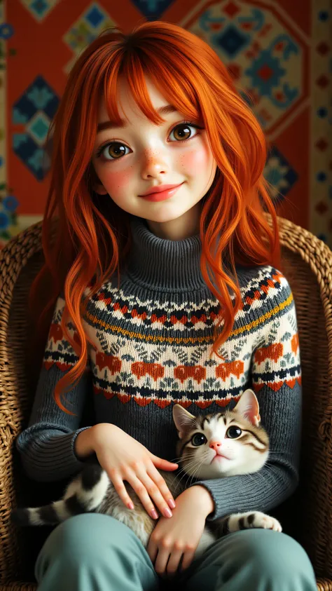 8k, Masterpiece, Top Quality, 3D animated character, Beautiful Women, big expressive eyes,  Pixar style, high detail, vibrant colors, cheerful expression,, Close-up, redhead, woman, young, fair-skinned,  freckles,  long hair,  grey turtleneck, Fair Isle pa...