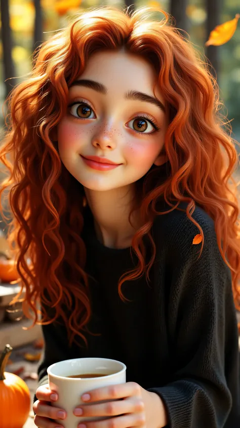 8k, Masterpiece, Top Quality, 3D animated character, Beautiful Women, big expressive eyes,  Pixar style, high detail, vibrant colors, cheerful expression,, Long curly red hair. Freckles. Fair skin. Smiling.  Dark sweater.  Hands holding coffee cup. Relaxed...