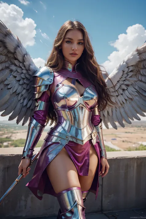 a beautiful angel girl Candice Swanepoel, full fuchsia colored knight's armor with a cloak and skirt, metallic fuchsia colored armor, large white wings, detailed feathered wings, epic angel wings, flowing golden hair, detailed face, large eyes, long eyelas...