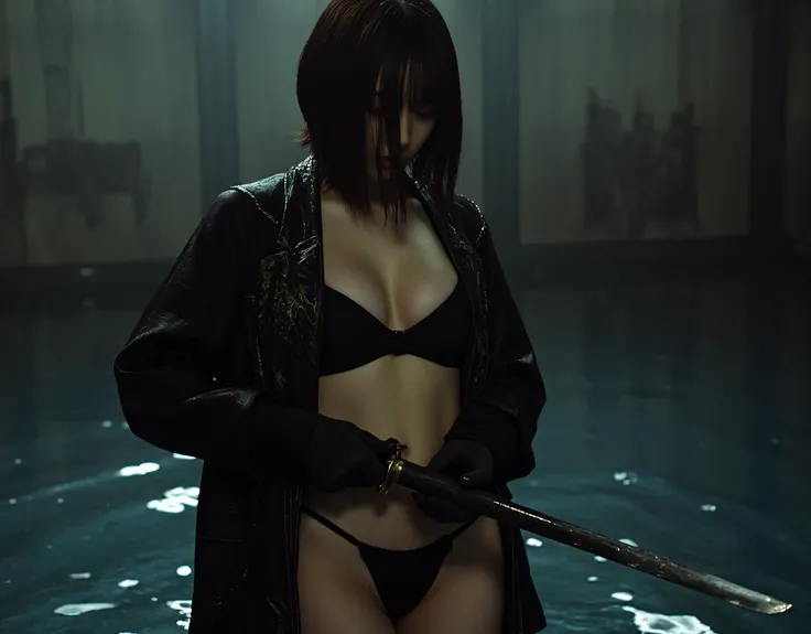 ((Slim model body type:2.0)),(((Dark Nostromo boat pool :2.0))),((( HR Gigger Style Cyberpunk Atmosphere :2.0))),(((Hold a cyberpunk-style Japanese sword:2.0))), Standing,((whole body:2.0)), one woman,( cute face),(Beautiful well-balanced face ),(( natural...