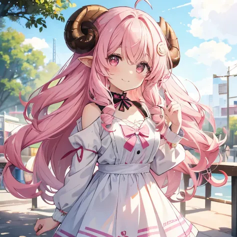 An anime-style illustration of a girl named 'Fua-chan' with long, soft pink hair styled ((in curls resembling sheep’s horns.*))* She has bright pink eyes and a radiant smile. **Fua-chan is dressed in her typical attire and radiates joy and positivity.** He...