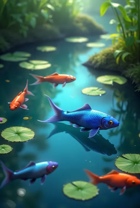 A beautiful pond filled with colorful fish, with one bright blue fish standing out among them.
