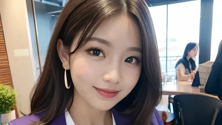  top quality、 Hi-Res、8K wallpaper、Thick and beautiful idea hair 、(Beautiful breasts:1.3)、 natural colored lips 、20歳のwoman、woman、 brown hair、smile、 semi-long hair、 hair gathered together in purple fabric、 I'm wearing a necklace and earrings、 indoor、 company...