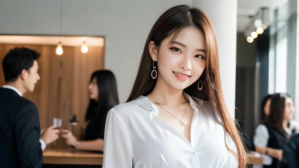  top quality、 Hi-Res、8K wallpaper、Thick and beautiful idea hair 、(Beautiful breasts:1.3)、 natural colored lips 、20歳のwoman、woman、 brown hair、smile、 semi-long hair、 hair gathered together in purple fabric、 I'm wearing a necklace and earrings、 indoor、 company...