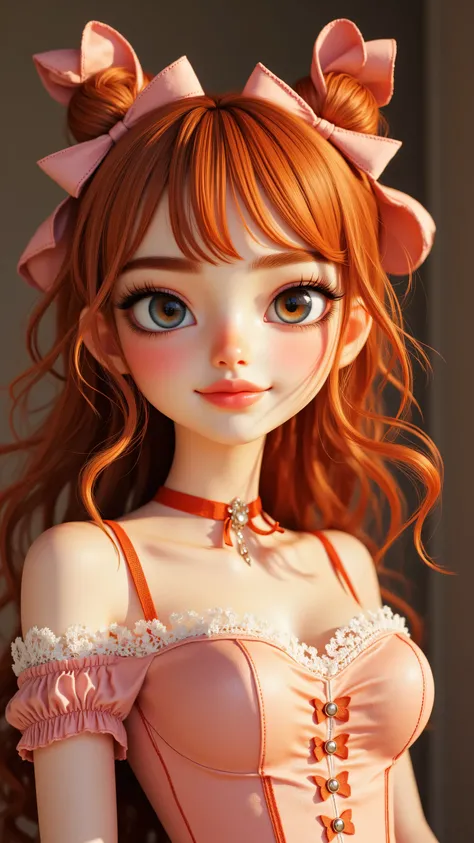 8k, Masterpiece, Top Quality, 3D animated character, Beautiful Women, big expressive eyes,  Pixar style, high detail, vibrant colors, cheerful expression,, Close-up, frontal, doll-like, peach, curly, hair, bows, delicate, makeup, large, light-colored, eyes...