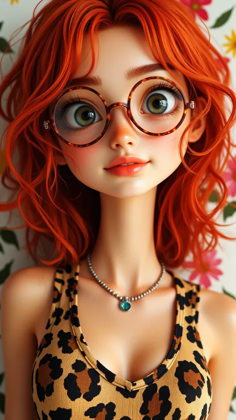 8k, Masterpiece, Top Quality, 3D animated character, Beautiful Women, big expressive eyes,  Pixar style, high detail, vibrant colors, cheerful expression,,Close-up, frontal viewpoint.  Red hair, pale skin, orange-red lips,  large eyes, round glasses,  leop...