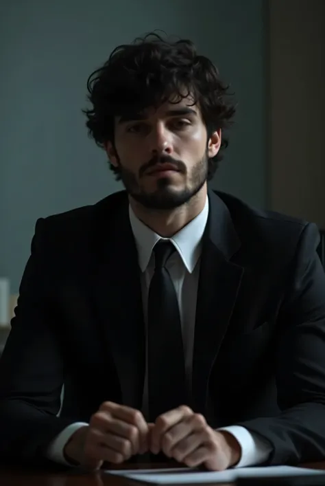 You can create a realistic image of a man,  muscular, I bet,  muscular,  of white skin,  wavy black hair, and black beard, pretty face,  dressed in a black suit, sitting at his office desk at night. (That the boy looks like the one in the photo). 